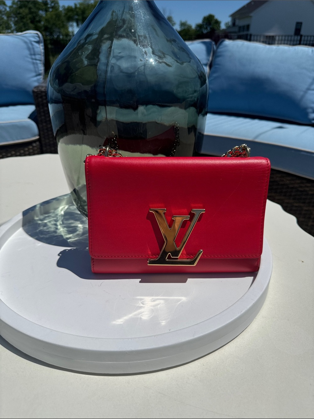 Louis Vuitton Bright Red Leather Chain Crossbody with Gold LV Hardware
